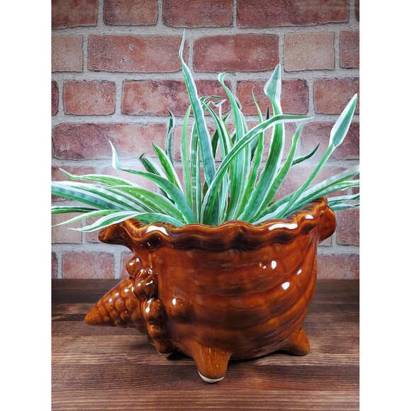 Vintage Brown Glazed Ceramic Conch Shell Planter, Seashell Nautical Decor - Picture 2 of 9